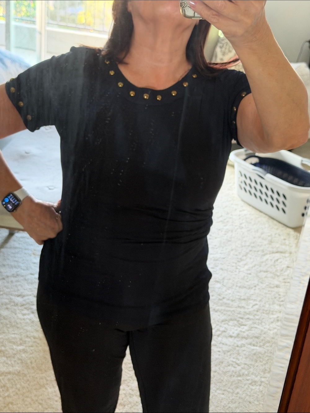 Dark Navy Blue Stud-Trim Short Sleeve Women’s Top